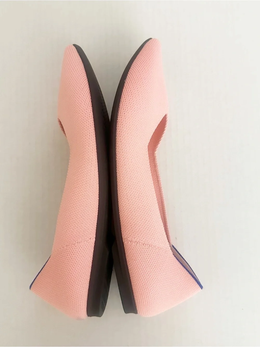 Rothy's Point ll Coral (Carnation) Pointed Knit Slip-Ons with Blue Heel Trim